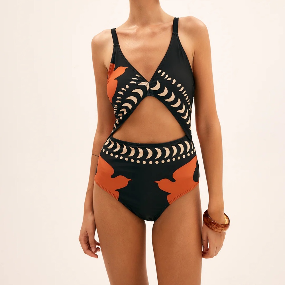 280 Bird Print Cutout One Piece Swimsuit